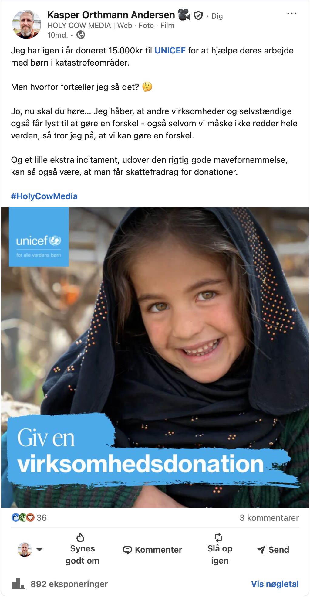 LinkedIn-opslag om Holy Cow Medias virksomhedsdonation til UNICEF